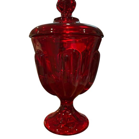 Vintage Viking Glass Ruby Red Epic 6 Petal Compote Candy Dish With Lid & Sticker - Picture 9 of 10